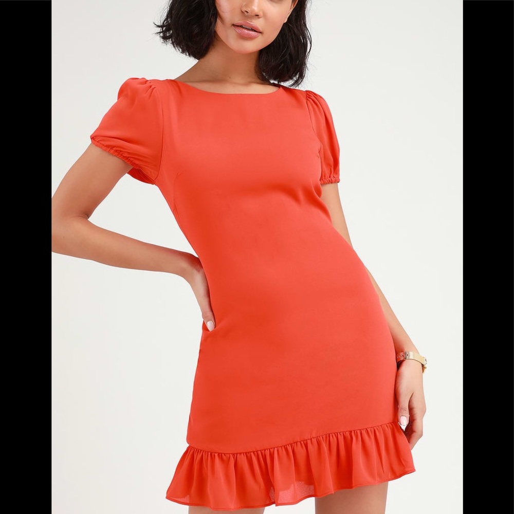 LuLu’s Bianca Coral Red Short Sleeve Ruffled Dress